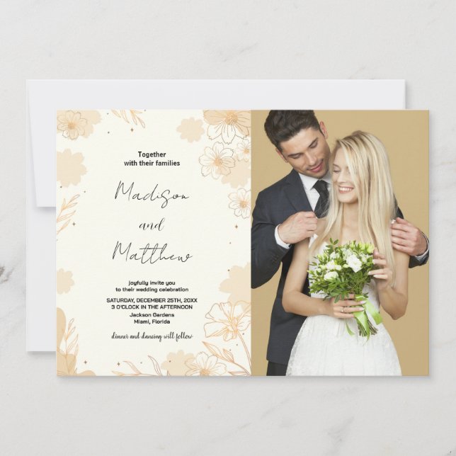 Invitaciones a la Boda Floral Dorada con foto (Anverso)