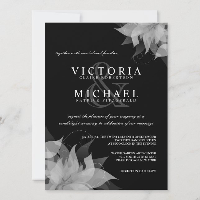 Invitaciones a la boda floral en blanco y negro (Anverso)
