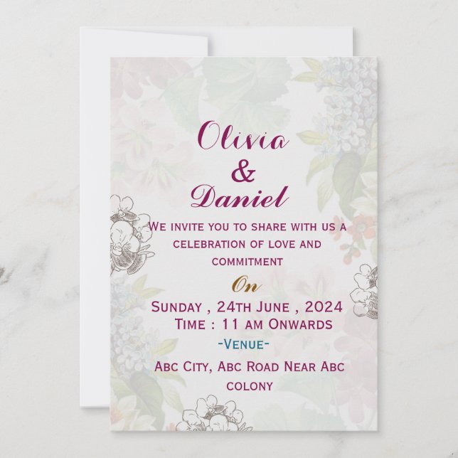 Invitaciones a la boda floral en inglés (Anverso)