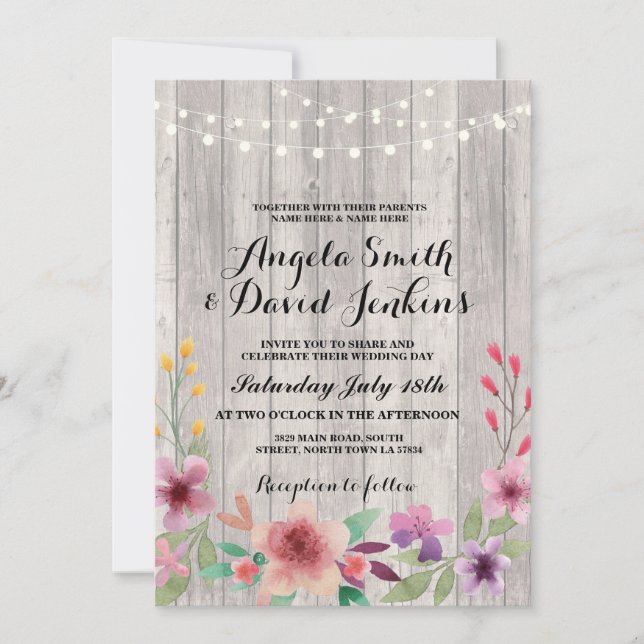 Invitaciones a la boda floral Luces Rústicas de Ma (Anverso)