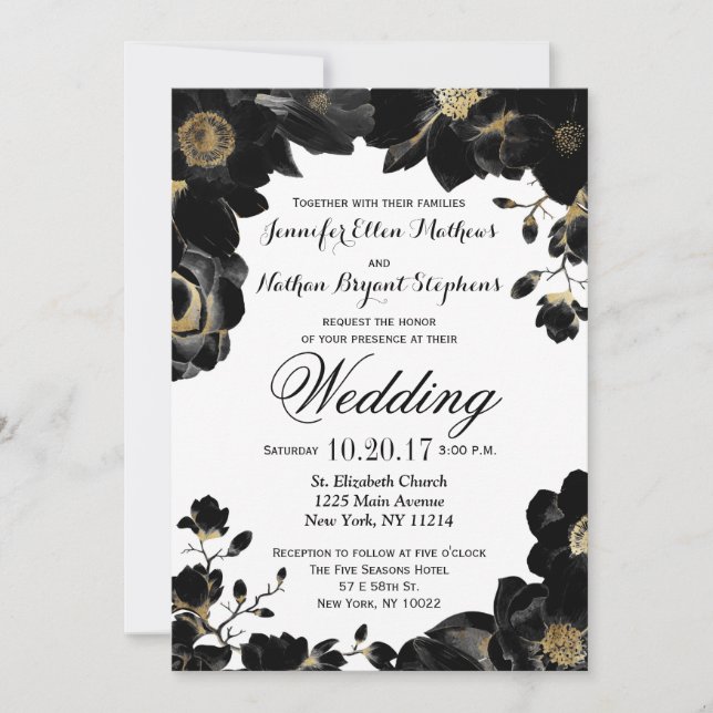 Invitaciones a la boda floral negra con acento dor (Anverso)