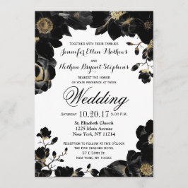 Invitaciones a la boda floral negra con acento dor