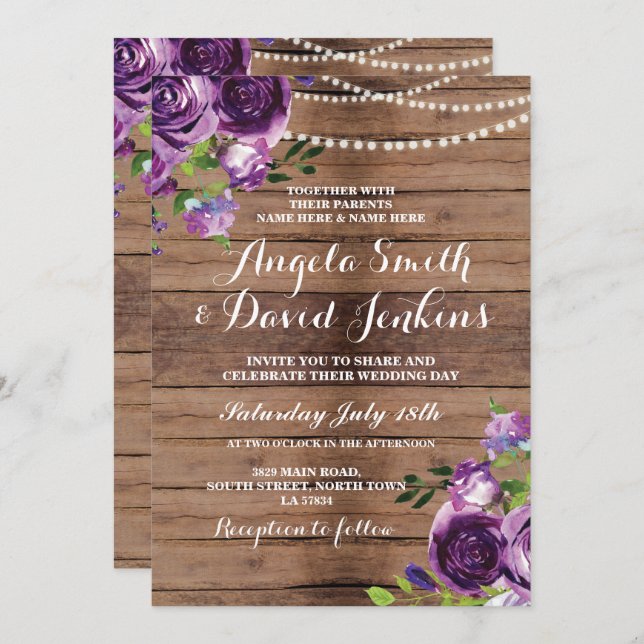 Invitaciones a la boda Floral púrpura de madera rú (Anverso / Reverso)