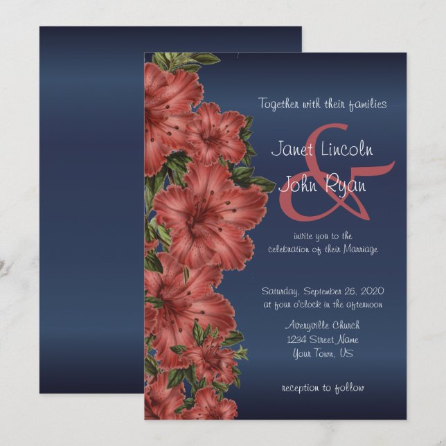Invitaciones a la boda floral roja azul y rusa de  (Anverso / Reverso)