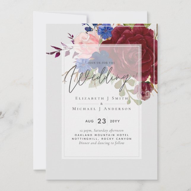 Invitaciones a la boda floral rosa rosa azul borgo (Anverso)