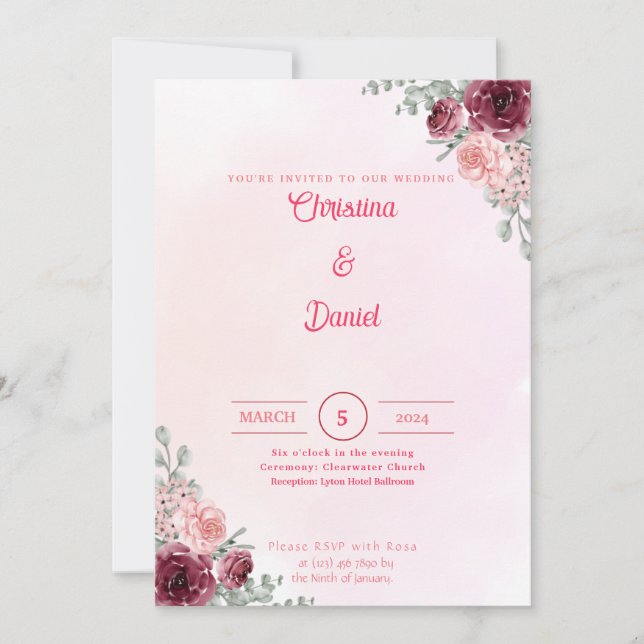 Invitaciones a la boda floral rosa y borgoñona (Anverso)