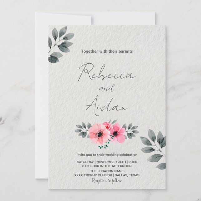 Invitaciones a la boda floral rosada (Anverso)