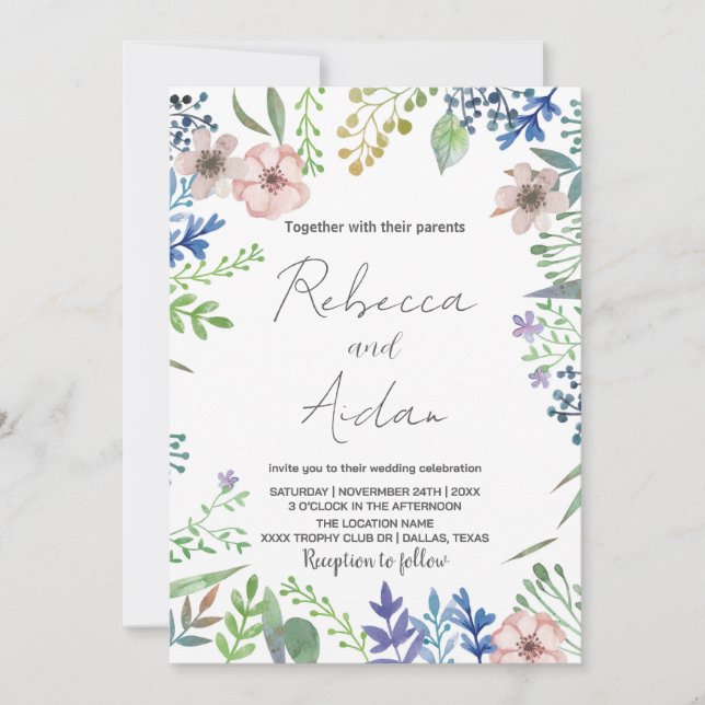 Invitaciones a la boda floral verde (Anverso)