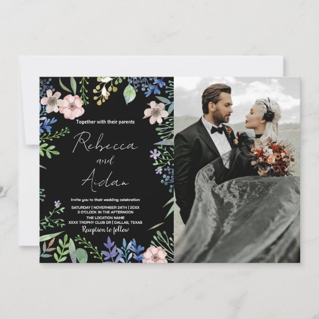 Invitaciones a la boda floral verde negra con foto (Anverso)