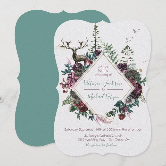 Invitaciones a la boda forestal de Woodland Waterc (Anverso / Reverso)