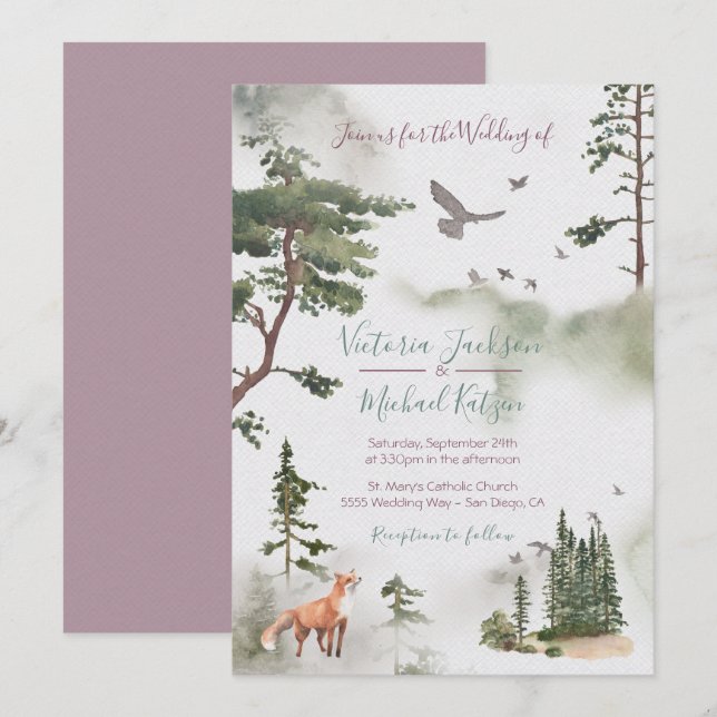 Invitaciones a la boda forestal de Woodland Waterc (Anverso / Reverso)