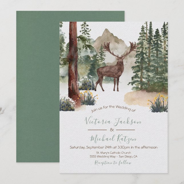 Invitaciones a la boda forestal de Woodland Waterc (Anverso / Reverso)