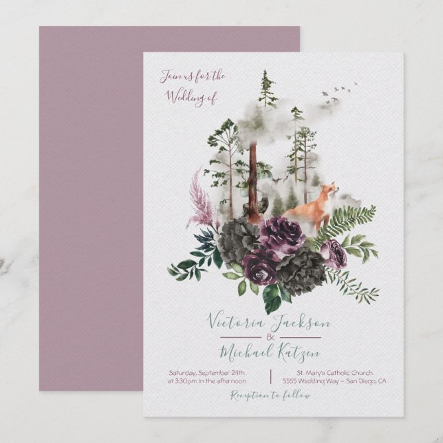 Invitaciones a la boda forestal de Woodland Waterc (Anverso / Reverso)