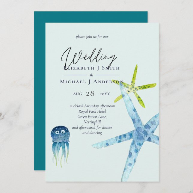 Invitaciones a la Boda Fresca y Moderna en Playa (Anverso / Reverso)
