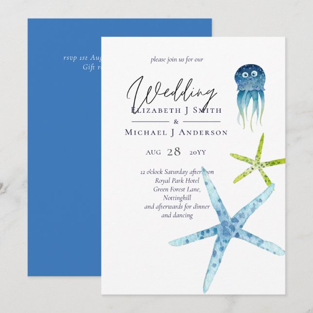 Invitaciones a la Boda Fresca y Moderna en Playa (Anverso / Reverso)