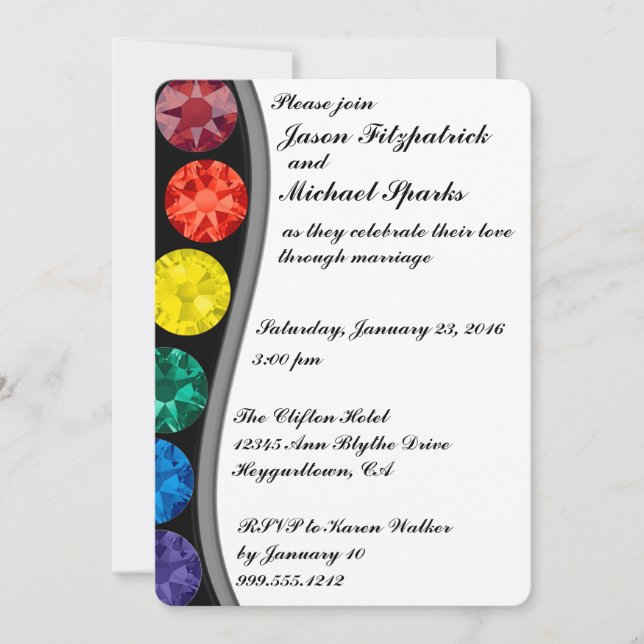 Invitaciones a la boda gay con cristales arco iris (Anverso)