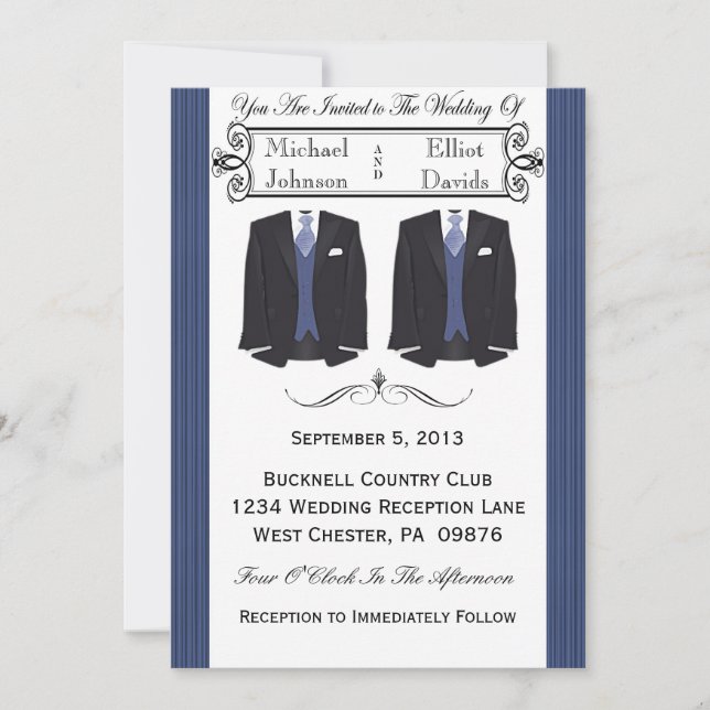 Invitaciones a la boda gay con tuxedo azul (Anverso)