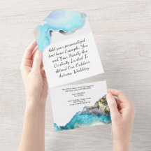 Invitaciones a la Boda Geode Azul y Oro con RSVP