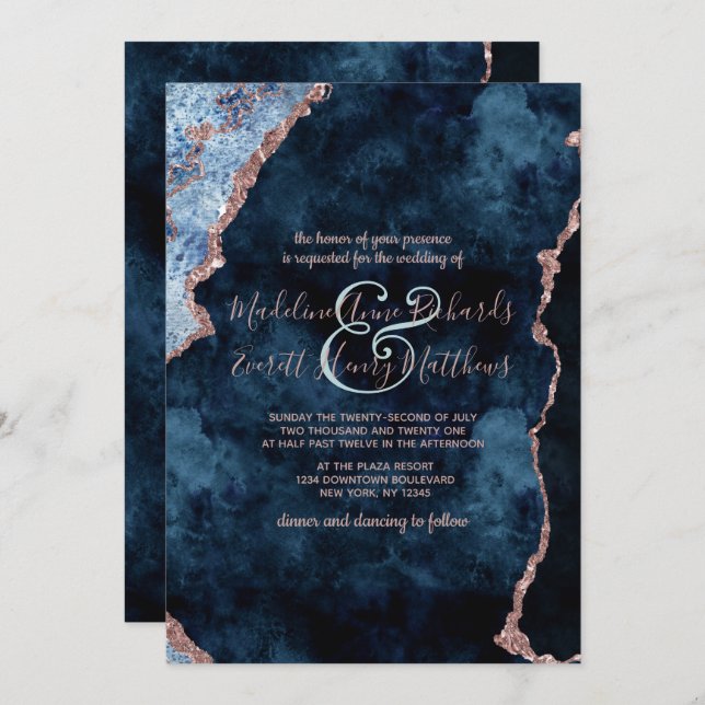 Invitaciones a la Boda Gilt de la Marina Blue Rosa (Anverso / Reverso)