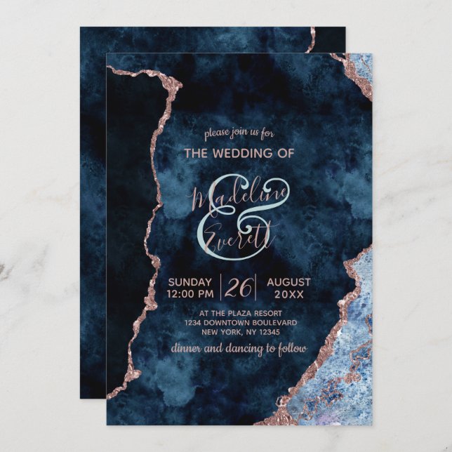 Invitaciones a la Boda Gilt de la Marina Blue Rosa (Anverso / Reverso)