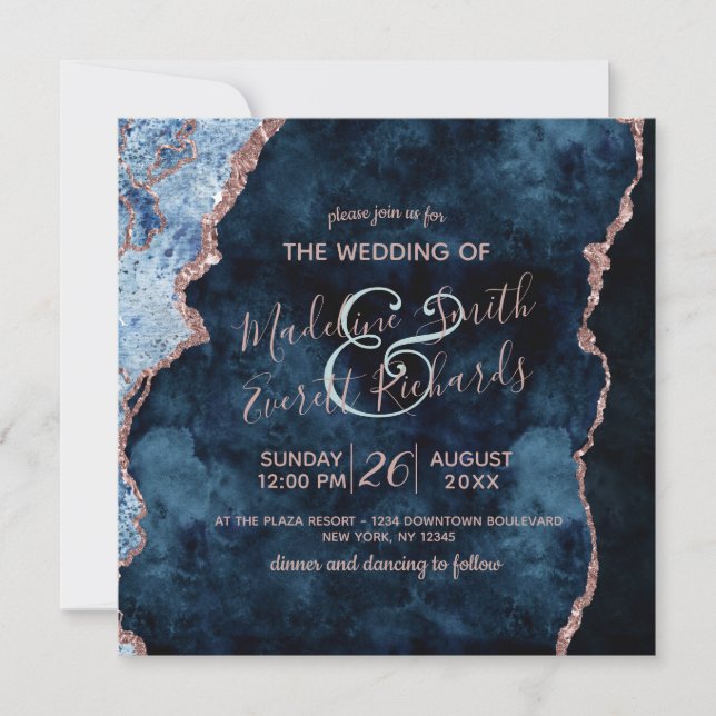Invitaciones a la Boda Gilt de la Marina Blue Rosa (Anverso)