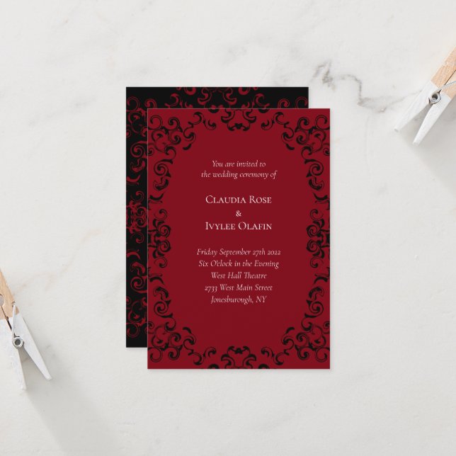 Invitaciones a la boda gótica de Red & Black Swirl (Anverso/Reverso In Situ)