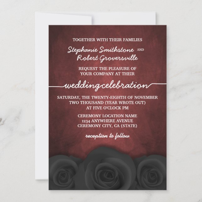 Invitaciones a la boda gótica de Rosa negro en Hal (Anverso)