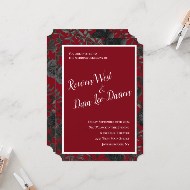 Invitaciones a la boda gótica de Rosa rojo y negro (Anverso/Reverso In Situ)