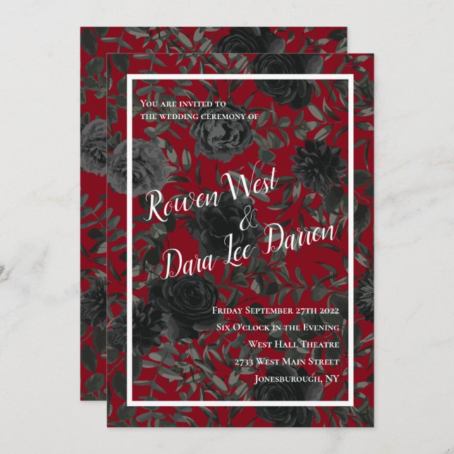 Invitaciones a la boda gótica de Rosa rojo y negro (Anverso / Reverso)