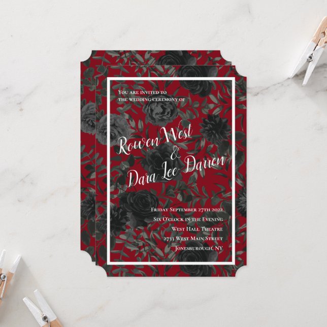 Invitaciones a la boda gótica de Rosa rojo y negro (Anverso/Reverso In Situ)