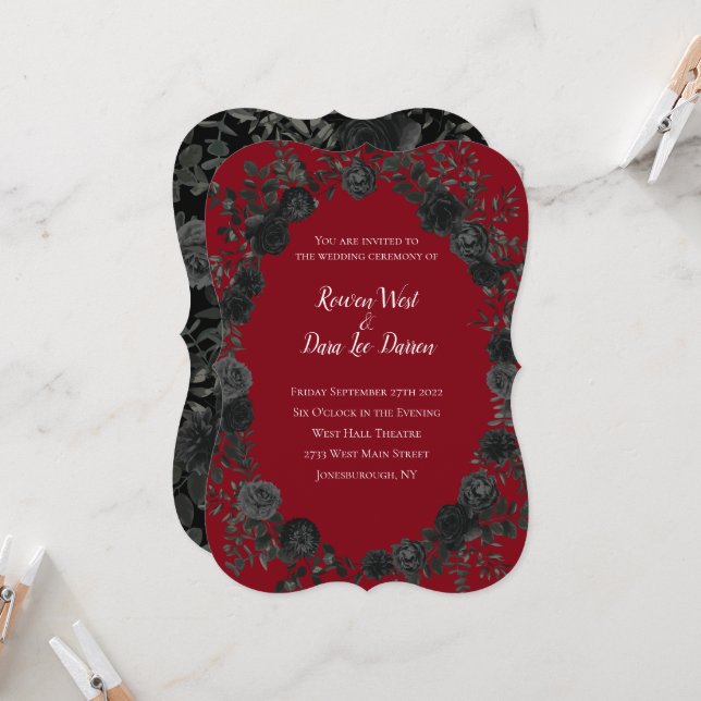 Invitaciones a la boda gótica de Rosa rojo y negro (Anverso/Reverso In Situ)