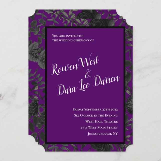 Invitaciones a la boda gótica púrpura y negra Rosa (Anverso / Reverso)