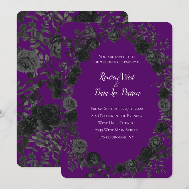 Invitaciones a la boda gótica púrpura y negra Rosa (Anverso / Reverso)