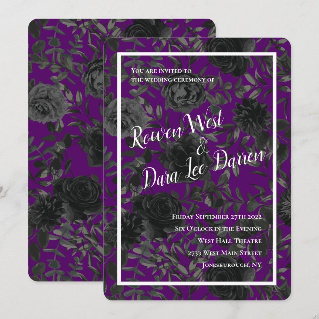 Invitaciones a la boda gótica púrpura y negra Rosa (Anverso / Reverso)