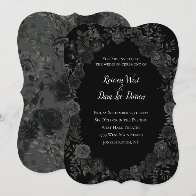 Invitaciones a la boda gótica Rosa blanco y negro (Anverso / Reverso)