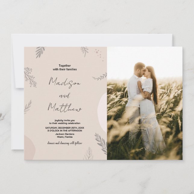 Invitaciones a la boda gris beige con foto (Anverso)