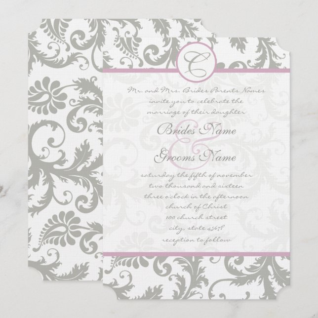 Invitaciones a la boda gris damask Sweet Lilac (Anverso / Reverso)