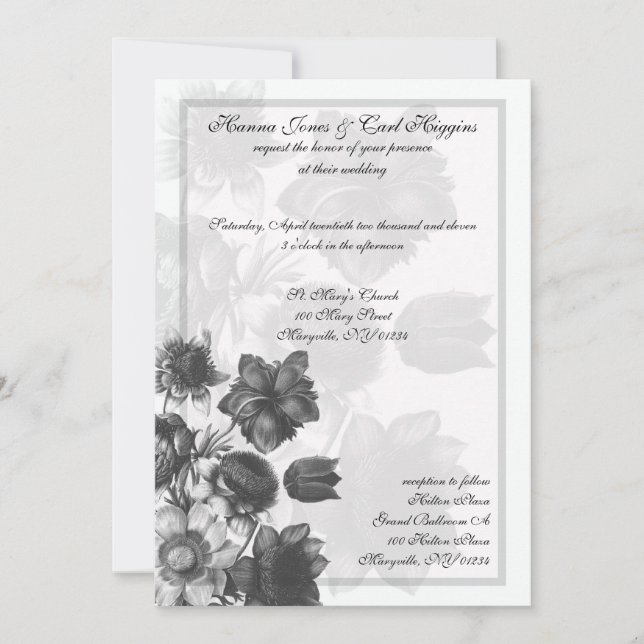 Invitaciones a la Boda Gris Elegante de Flores (Anverso)