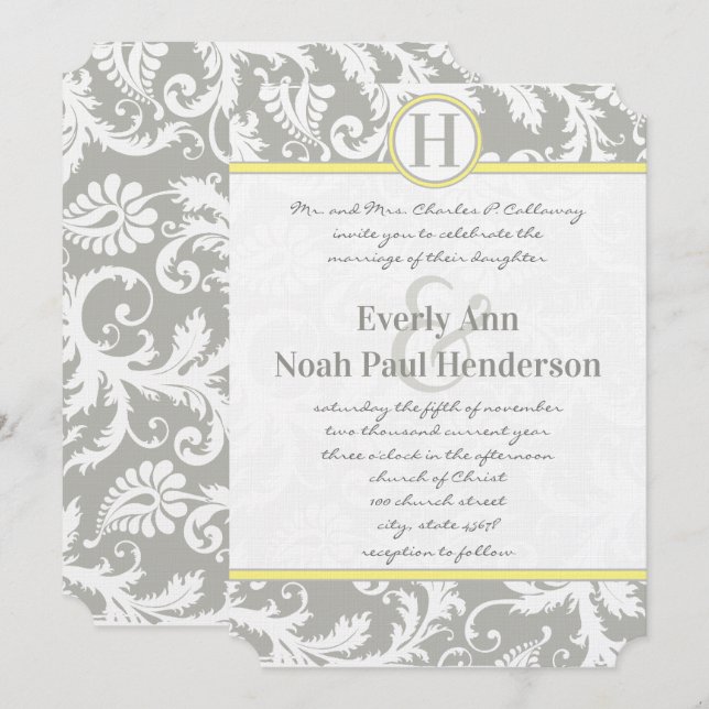 Invitaciones a la boda gris y amarilla del carbón  (Anverso / Reverso)