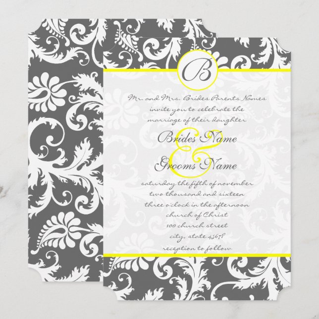 Invitaciones a la boda gris y amarilla del carbón  (Anverso / Reverso)