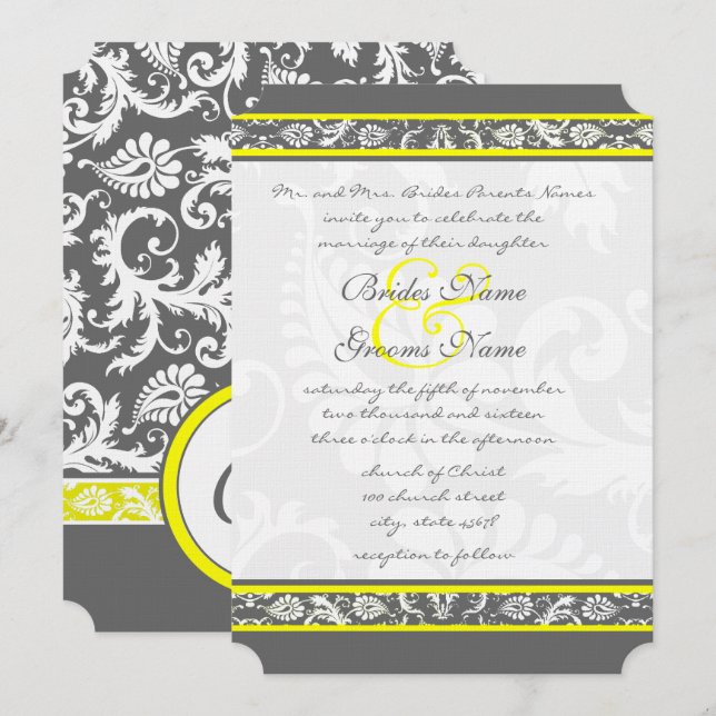 Invitaciones a la boda gris y amarilla para cortar (Anverso / Reverso)