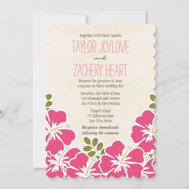 Invitaciones a la boda hawaiana de Fuchsia Hibiscu (Anverso)