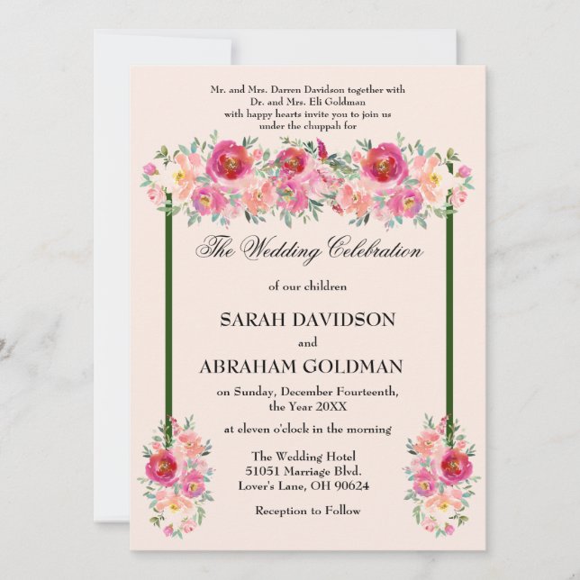 Invitaciones a la boda judía tradicional - Rosa ro (Anverso)