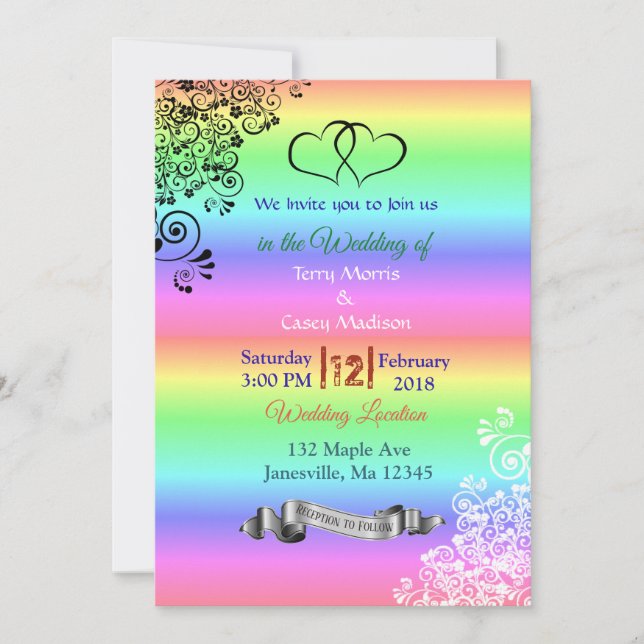 Invitaciones a la boda LGBT con arcoiris (Anverso)
