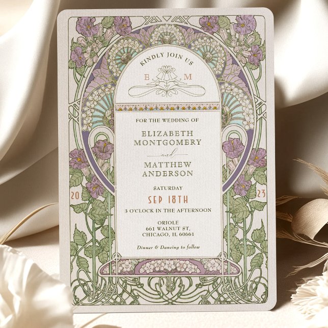 Invitaciones a la boda lilaca Art Nouveau de Mucha (Subido por el creador)