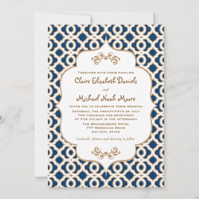 Invitaciones a la boda marroquí de oro y azul de l (Anverso)