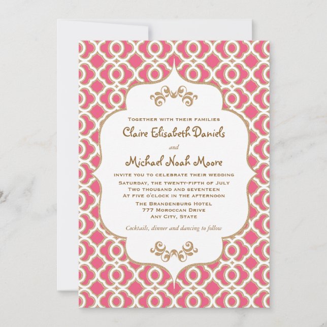 Invitaciones a la boda marroquí Hot PInk y Gold (Anverso)