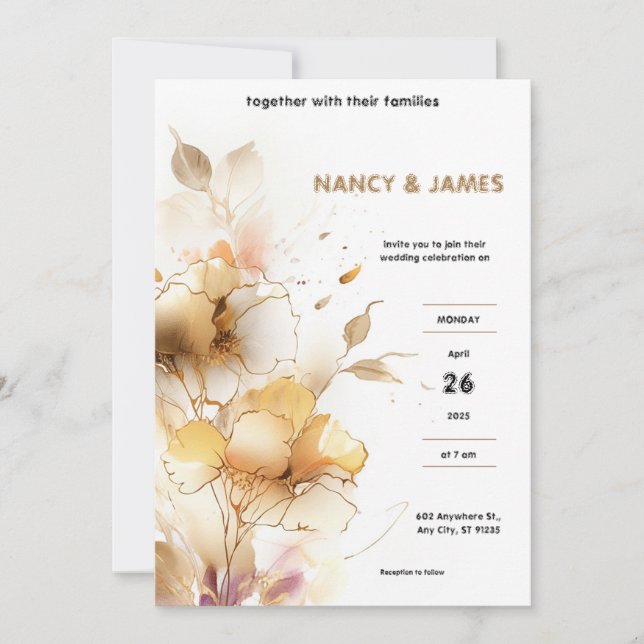 Invitaciones a la boda moderna blanca y de oro (Anverso)