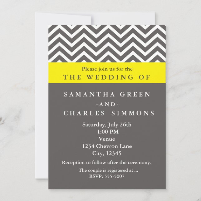 Invitaciones a la boda moderna de Chevron Gris y A (Anverso)