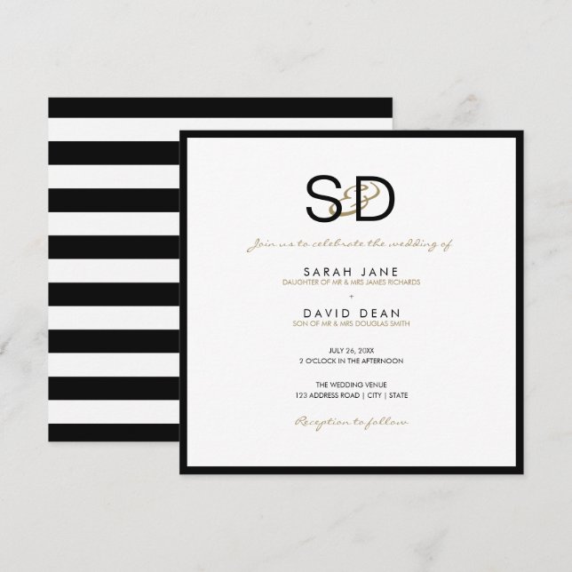 Invitaciones a la boda monograma de franja blanca  (Anverso / Reverso)
